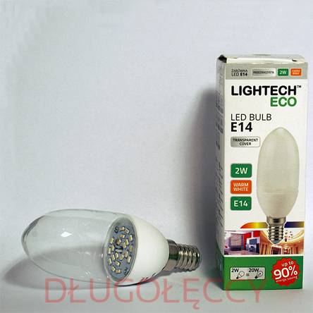 LIGHTECH ECO LED 2W 180lm E14 świeczka przeźroczysta