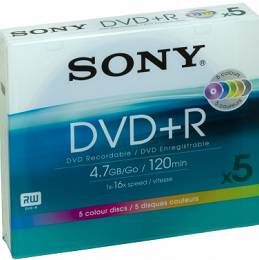 SONY 5 KOLOROWYCH płyt DVD+R 16x w standardowych pudełkach