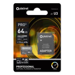 PLATINET karta pamięci Micro SD 64GB U3 klasa10 do 30MB/s 90MB/s  + adapter SD