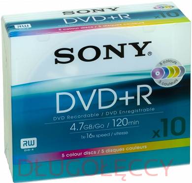 Płyta SONY kolor slim DVD+R 4.7GBx16 op 10 szt.